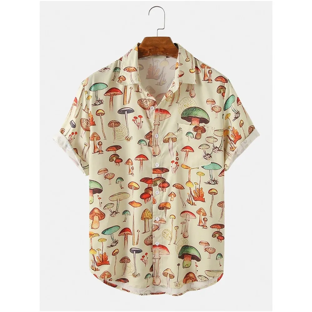 Gratis Monster Zomer Heren Hawaiiaanse Overhemden Revers Borstzak Korte Mouw Element Paddestoelpatroon Print Casual Overhemd