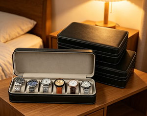 Premium PU leather watch box with soft velvet lining precise stitching zipper closure for watch storage - Product Image 3