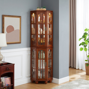 Corner <strong>Curio</strong> <strong>Cabinet</strong> with 4 Adjustable Tempered Glass Shelves and Lighting System, Solid Wood Legs - Product Image 1