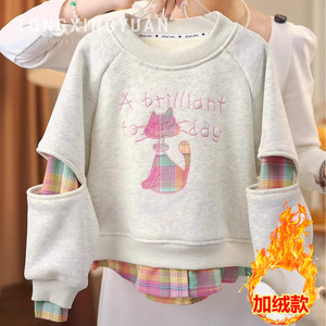 Girls Fleece Lined Thickened Long Sleeve Sweatshirt Cartoon Print Cotton Winter <b>Top</b> For Children <b>Cross</b> Border - Product Image 1