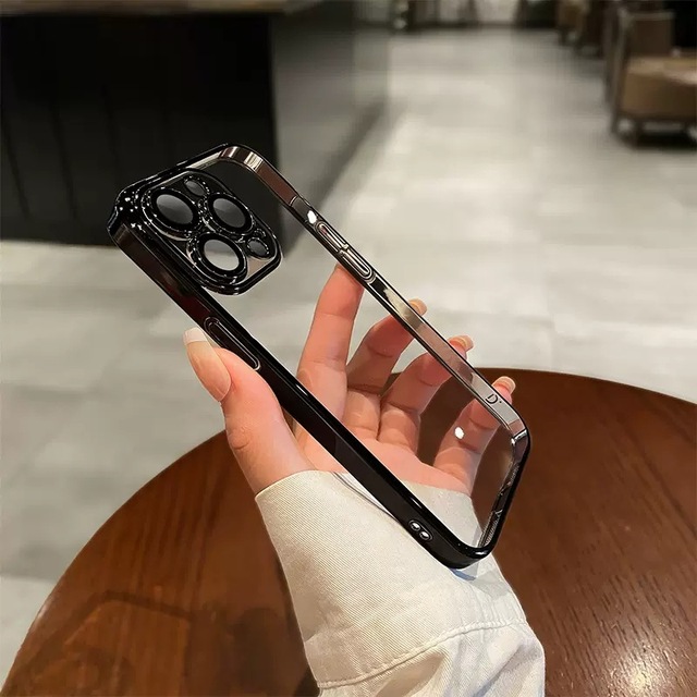 Clear PC Hard Electroplating Smartphone Case for iPhone 12 13 14 15 Back Cover with Glass Camera Protector