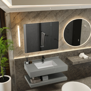 Vanidades de baño con espejo LED moderno Vanidad de fregadero flotante con lavabo de pizarra Gabinete de lavabo de montaje en pared Piedra sinterizada de mármol - Product Image 3