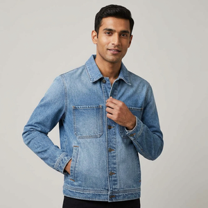Light blue denim <b>jacket</b> for men casual button front outerwear seamless gym fitness <b>workout</b> custom breathable streetwear coat - Product Image 1