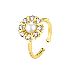 Anillos abiertos giratorios de copo de nieve con circonitas engastadas y perlas de concha, chapados en oro sobre cobre, inoxidables, joyería para aliviar la ansiedad para mujer - Product Image 1