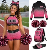 Ensemble de cheerleading : Haut scintillant à strass, veste courte, sac pompons, pantoufles, et échauffements color-block avec logo d'équipe