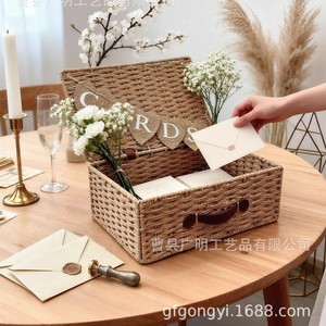<b>Wedding</b> <b>Card</b> <b>Box</b> Woven Storage Basket Rectangle Shape For Gift <b>Cards</b> Baby Shower Bridal Party Use - Product Image 2