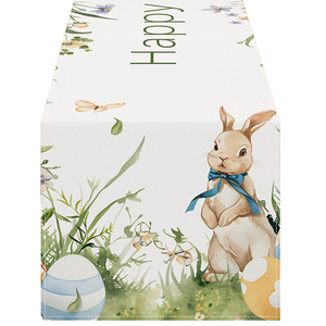 खुश ईस्टर पुष्प पैटर्न जैक्वार्ड बुने हुए टैबपलओवर खरगोश मुद्रित टेबल धावक घर और होटल थोक रसोई के लिए - Product Image 1