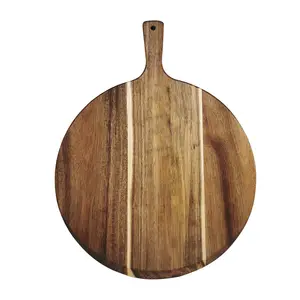 Grosir talenan pizza papan breadboard bulat acacia talenan kayu nampan dengan pegangan kayu