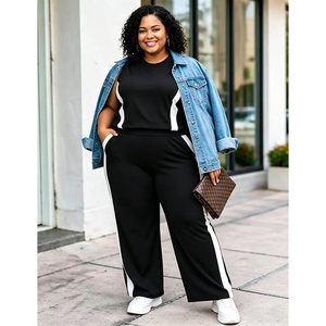 FOXA Women's Plus Size 2 Piece Outfit Sleeveless Tank Top Wide Leg Pants Side Stripe Summer Casual Lounge <b>Set</b> - Product Image 3