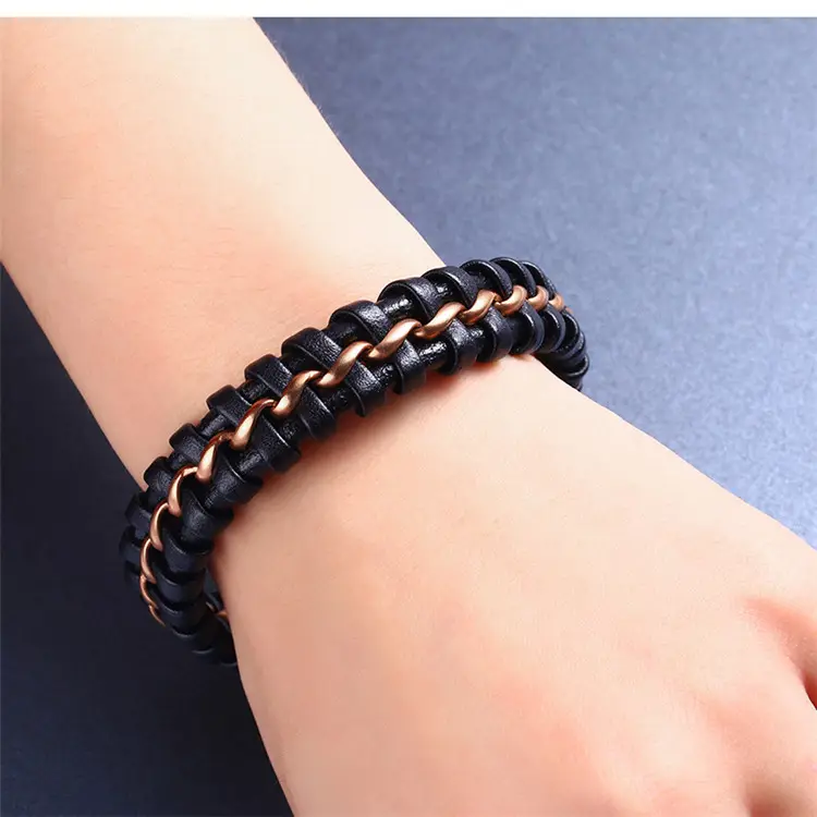 RS20JBC59 Fashion Silver Titanium Stainless Steel magnetic Clasp Chain Braided Genuine Leather Bracelet Mens