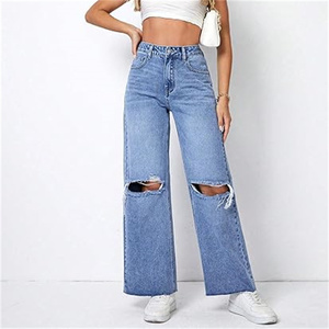 Pantalon cargo en <span class=keywords><strong>jean</strong></span> <span class=keywords><strong>taille</strong></span> <span class=keywords><strong>haute</strong></span> respirant et personnalisé pour femme, coupe droite, jambe large, déchiré, style décontracté et ample - Product Image 1