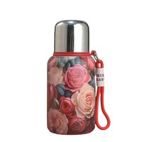 Botol Air Vakum Berinsulasi Cetak Bunga Vintage 400ml 600ml 316 Stainless Steel Termos Portabel Dengan Tali Gantungan Logo Kustom