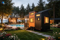 Mini-maison mobile sur remorque, revêtement en métal noir imitation bois, maison préfabriquée, caravane de voyage, bureau portable, villa à toit incliné