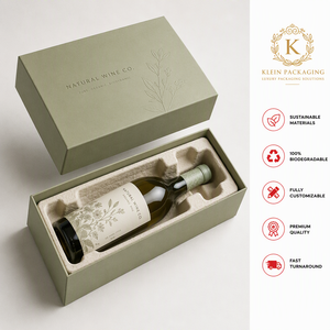 Boîte d'emballage pour vin en carton rigide et écologique vert olive pâle avec insert en pulpe de papier moulé biodégradable, boîte cadeau pour vin naturel - Product Image 1