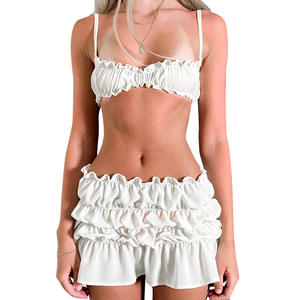 Sexy Fashion Sling Halter Neckline Revealing Bra <strong>Ruffled</strong> <strong>Shorts</strong> Women Set Top Skirts Undershirt 2 Piece Outfits Clothing - Product Image 1