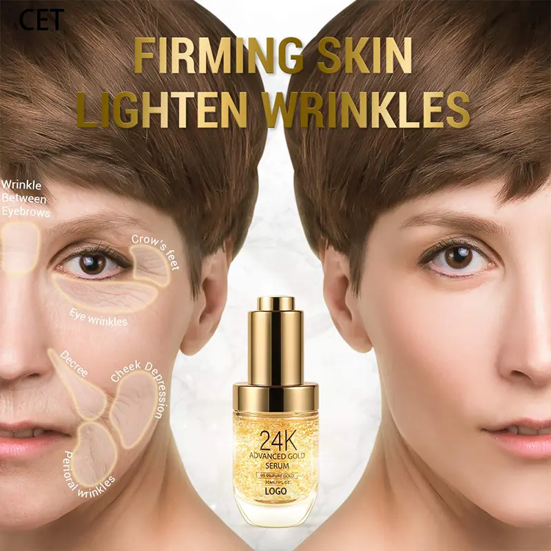 Sérum pour le visage en or avancé 24K de marque privée personnalisé infusé à la vitamine C soins de la peau anti-rides anti-âge éclaircissant et réparateur du visage