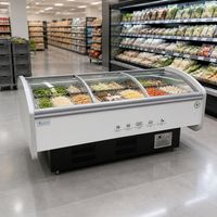 Vitrine réfrigérée commerciale incurvée à glissière en verre pour supermarché, présentoir horizontal pour charcuterie, viande et fruits de mer