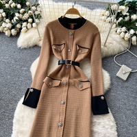 Robe élégante pour femmes, tricotée, à manches longues, style A, décontractée, avec ceinture, boutons décoratifs, poches, pour un usage quotidien, robes pour femmes