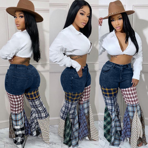 MLD83176 Jeans <strong>Pants</strong> for Women Patchwork Thousand Bird Checker <strong>Ruffle</strong> Flared Jeans Casual <strong>Denim</strong> Jeans for Ladies - Product Image 3