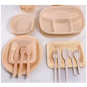 Tenedor desechable para fiesta, cuchara, platos, papel, utensilios de madera de bambú, vajilla, juego de cubiertos