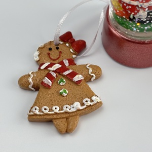 Handmade Christmas Resin Gingerbread Man Ornament <b>Red</b> Bow <b>Scarf</b> Green Accents High Quality Home Decor Holiday Decoration - Product Image 2