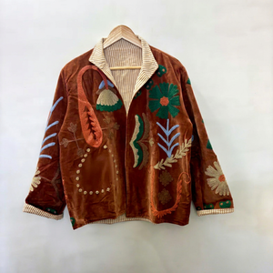 Handmade Bohemian Velvet Winter <b>Quilted</b> <b>Jacket</b> with Hand Embroidery Floral <b>Pattern</b> Lightweight Cotton Shell Open Stitch Closure - Product Image 1