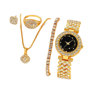 Fashion Gold Women <strong>Watch</strong> Diamond Bracelet+<strong>ring</strong>+necklace+earrings Full Crystal <strong>Watches</strong> Bracelet Gold Chain Clock for Female - Product Image 1