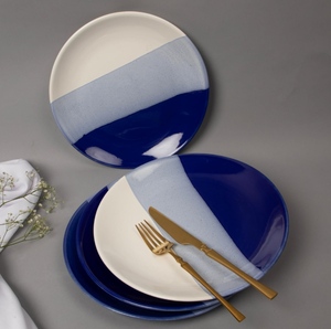 SAFA INTERNATIONAL Assiette de service ronde en céramique moderne, bleu gris blanc rayé, design bohème, faite à la main, antidérapante, décoration de table - Product Image 5