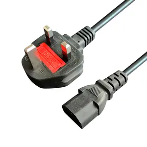 Kabel Daya hitam 3pin standar Inggris aluminium berlapis tembaga colokan 0.75mm 1.2m 1.5m 1.8m cukup