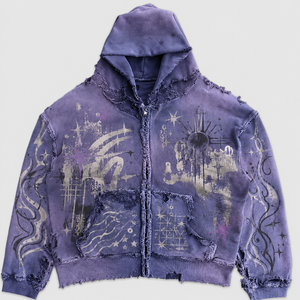 Sudadera con capucha morada desgastada OEM, estilo vintage, con estampado gráfico, diseño cropped y boxy, logotipo premium, de alta calidad para hombre. - Product Image 1