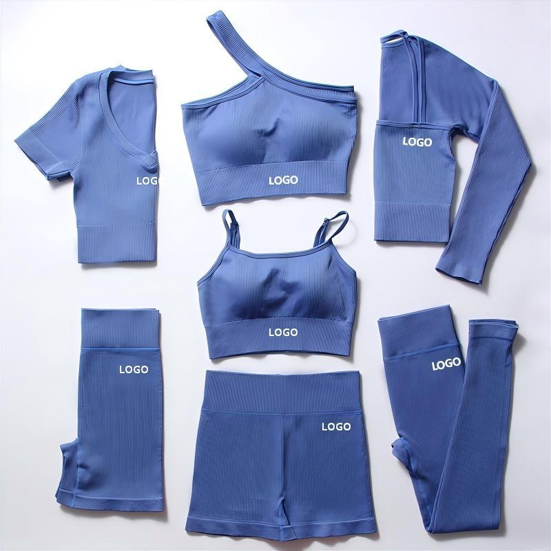 7PCS Women's Active Wear Sets Ribbed Yoga Leggings & Long Sleeve Workout Shirts | Tights and Activewear Suits