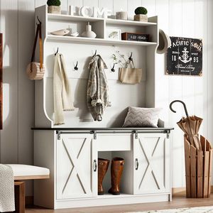<span class=keywords><strong>Porte</strong></span>-manteau et rangement à chaussures 5-en-1 de style ferme moderne avec banc, portes coulissantes de grange, gain de place, écologique - Product Image 3