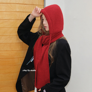 Gorro <span class=keywords><strong>de</strong></span> Lana Gruesa Tejida con Capucha y Bufanda <span class=keywords><strong>de</strong></span> <span class=keywords><strong>Caperucita</strong></span> <span class=keywords><strong>Roja</strong></span> para Mujer, Cálido para Otoño e Invierno - Product Image 2