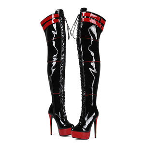 Lungo stivaletti sopra il ginocchio in pelle verniciata rossa con Zip e chiusura stringata per la stagione invernale in stile Western con soletta in PU - Product Image 2