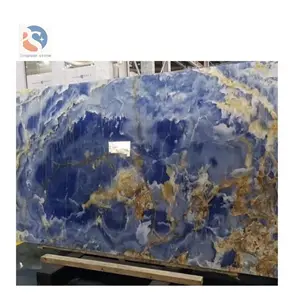 자연 대리석 블루 오닉스 배경 벽 디자인, 블루 대리석 노란색 정맥