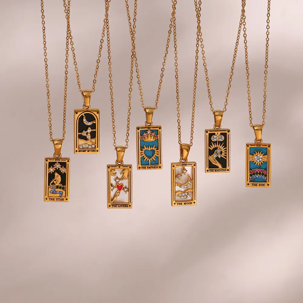 18k Gold Plated Square Zodiac Necklace Pendant Stainless Steel Vintage Tarot Card Necklace For Women Fashion Jewelry