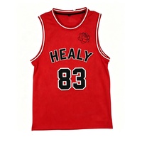 Maillot de basketball personnalisé à impression numérique, respirant, service OEM, rouge, sans manches, coupe ajustée, 100 % polyester, col rond
