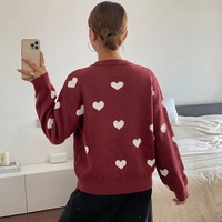 Pull en maille à col rond pour femme, motif cœur blanc jacquard, manches longues, épaules tombantes, coupe ample, doux, décontracté, automne