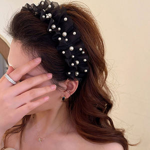 OEM Factory Wavy Mech <strong>Gauze</strong> Creased Hairband Pearl Solid Color Pleated Fabric Headbands Elegant Black and <strong>White</strong> Ladies Diademas - Product Image 3