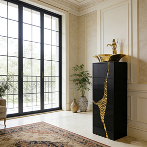Lavabo su Colonna Artistico di Alta Gamma con Motivo Leopardato Dorato in Fibra di Vetro per Bagni di Lusso - Product Image 2