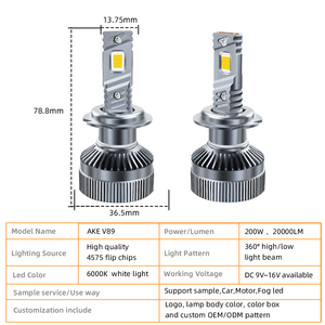 AKE V89 200W h4 phare led double tube cuivre 4575 puces 6000k feux de croisement led h4 para automovile 20000Lm luces led h4 - Product Image 2