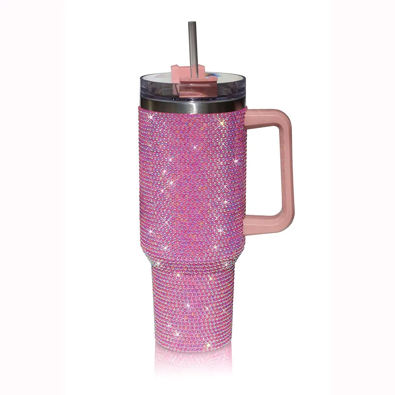 Factory directly selling 40oz Rhinestone Tumbler Double Wall Stainless Steel Cup With Handle and Straw