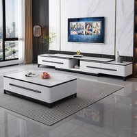 Meuble TV et Table Basse Modernes de Luxe en Marbre et Bois, Rétractables avec Rangement, Design Flottant en Pierre pour Salon