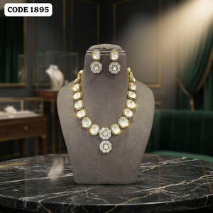 Luxury Gold Finish Round Brilliant Cut Crystal White <b>Statement</b> <b>Necklace</b> Set with Matching Earrings for Women Wedding Party - Product Image 4