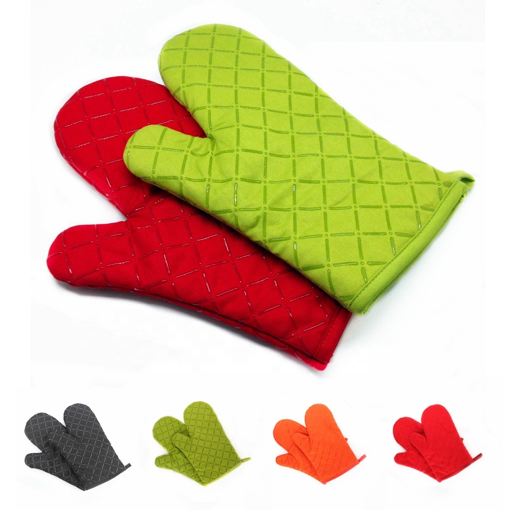 High-Temperature Resistant Non-Slip Silicone Oven Mitts Direct Factory Sales Printed Grids Dotted Grill Microwave Oven Glove