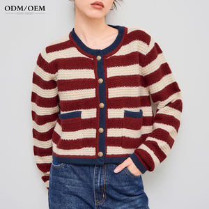 เสื้อสเวตเตอร์ไหมพรมผู้หญิง แขนยาว คอโอ ลายทาง  คาร์ดิแกนสั้นติดกระดุมสำหรับผู้หญิง - Product Image 2