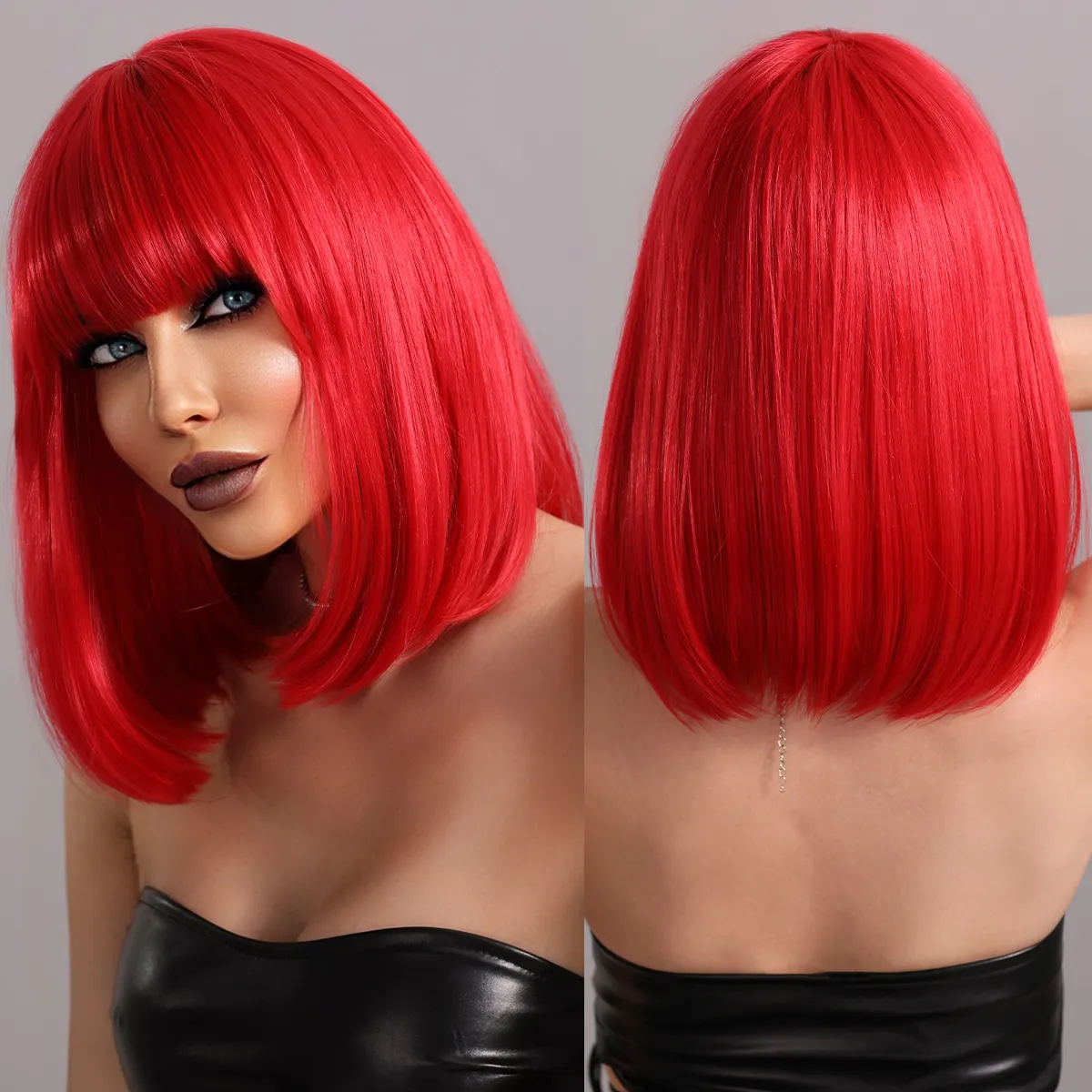 Red Wig With Bangs Short Straight Bob Wigs For Women Heat Resistant Synthetic Costume Burgundy Red Wig Party Cosplay Use