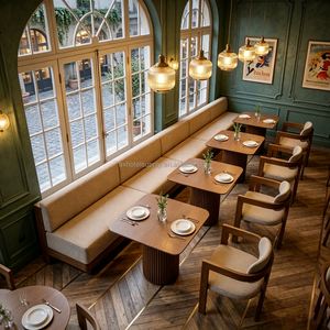 Ensemble de banquettes et tables de restaurant de style <span class=keywords><strong>vintage</strong></span>, banc en tissu tissé, table basse à base en bois cannelé pour cafétéria, <span class=keywords><strong>bistrot</strong></span> - Product Image 4