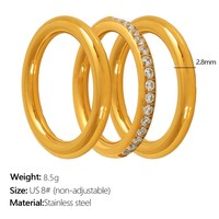 Lot de 3 bagues fines en zircon plaqué or, empilables, pour couple, bijoux quotidiens, vente en gros, bagues tendance en acier inoxydable pour femmes