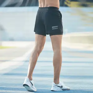 Gym Training Shorts with Towel Holder Men's Double Layer 2 In 1 Lining Compression Tennis Workout Shorts with Pocket